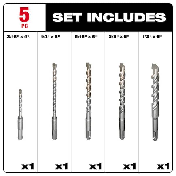 2-Cutter SDS-PLUS Carbide Hammer Drill Bit Set (5-Piece)