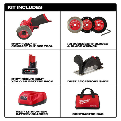 M12 FUEL 12V 3 in. Lithium-Ion Brushless Cordless Cut Off Saw Kit with One 4.0 Ah Battery Charger and Bag