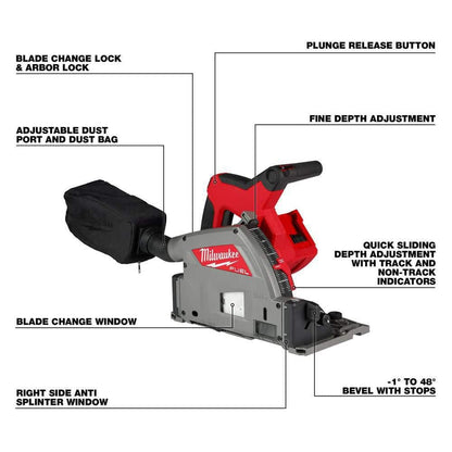 M18 FUEL 18V Li-Ion Cordless Brushless 6-1/2 in. Plunge Cut Track Saw w/ 55 in. Track Saw Guide Rail & Track Clamps