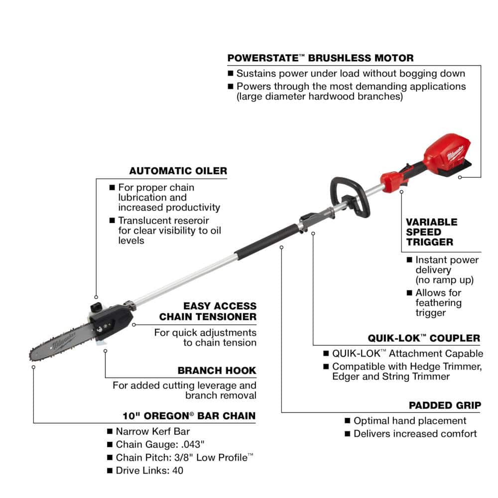 M18 FUEL 10 in. 18V Lithium-Ion Brushless Electric Cordless Pole Saw with M18 QUIK-LOK Hedge Trimmer Attachment (2-Tool)
