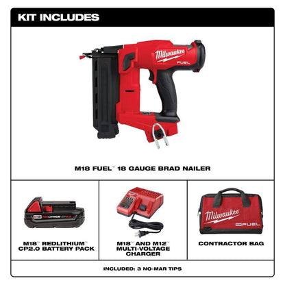 M18 FUEL GEN II 18-Volt 18-Gauge Lithium-Ion Brushless Cordless Brad Nailer Kit with One 2.0 Ah Battery, Charger and Bag