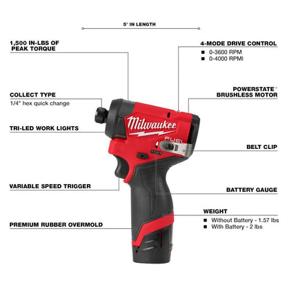 M12 FUEL 12V Lithium-Ion Brushless Cordless 1/4 in. Hex Impact Driver Kit w/Two 2.0Ah Batteries, Charger&Soft Case