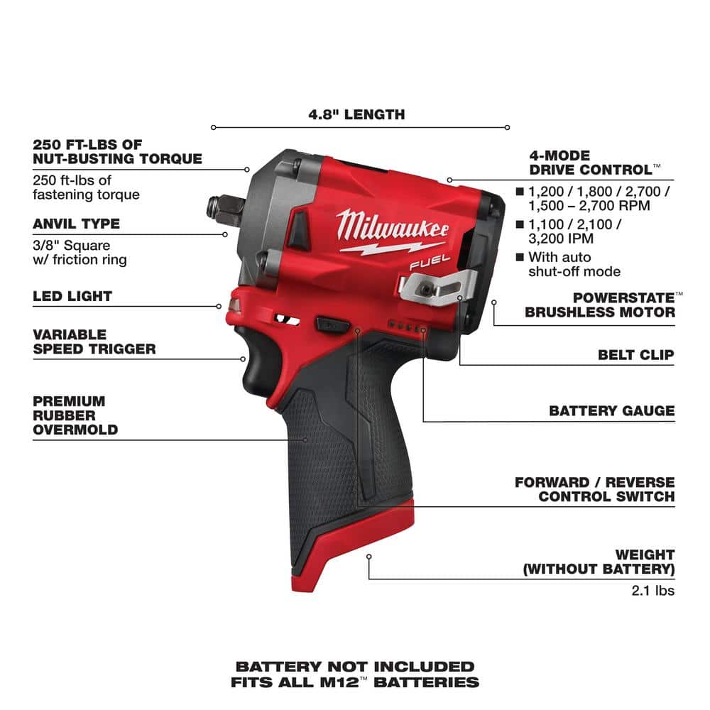 M12 FUEL 12V Lithium-Ion Brushless Cordless Stubby 3/8 in. Impact Wrench (Tool-Only)
