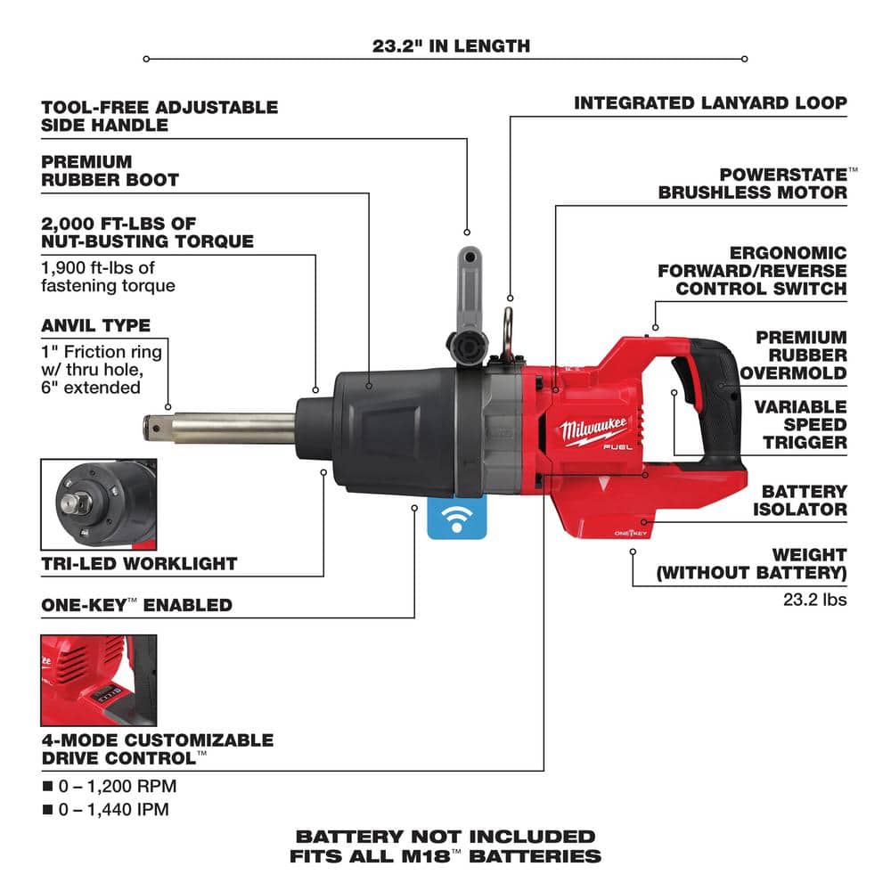 M18 FUEL 18V Lithium-Ion Brushless Cordless 1 in. Impact Wrench Extended Reach D-Handle (Tool-Only)