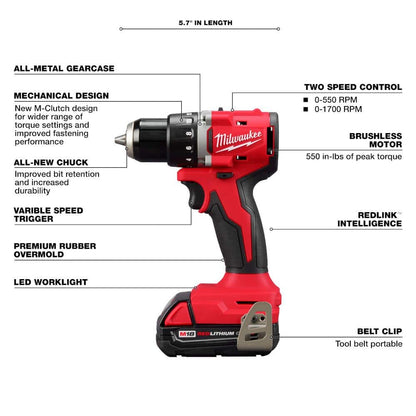 M18 18V Lithium-Ion Brushless Cordless Compact Drill/Impact Combo Kit (2-Tool) w/(2) 2.0 Ah Batteries w/5.0 Ah Battery