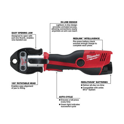 M12 12-Volt Lithium-Ion Force Logic Cordless Press Tool Kit w/ 1/2 in. - 1-1/4in. CTS Jaws, (2) 1.5Ah Batteries & Case