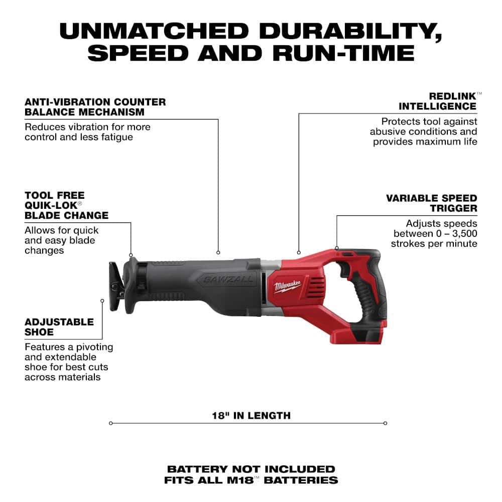 M18 18V Lithium-Ion Cordless SAWZALL Reciprocating Saw with (1) 5.0 Ah and (1) 2.0 Ah Battery and Charger