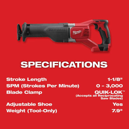 M18 18V Lithium-Ion Cordless SAWZALL Reciprocating Saw with (1) 5.0 Ah and (1) 2.0 Ah Battery and Charger