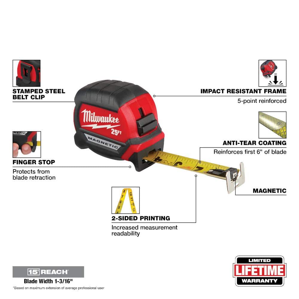 25 ft. x 1-1/16 in. Compact Magnetic Tape Measure with 15 ft. Reach