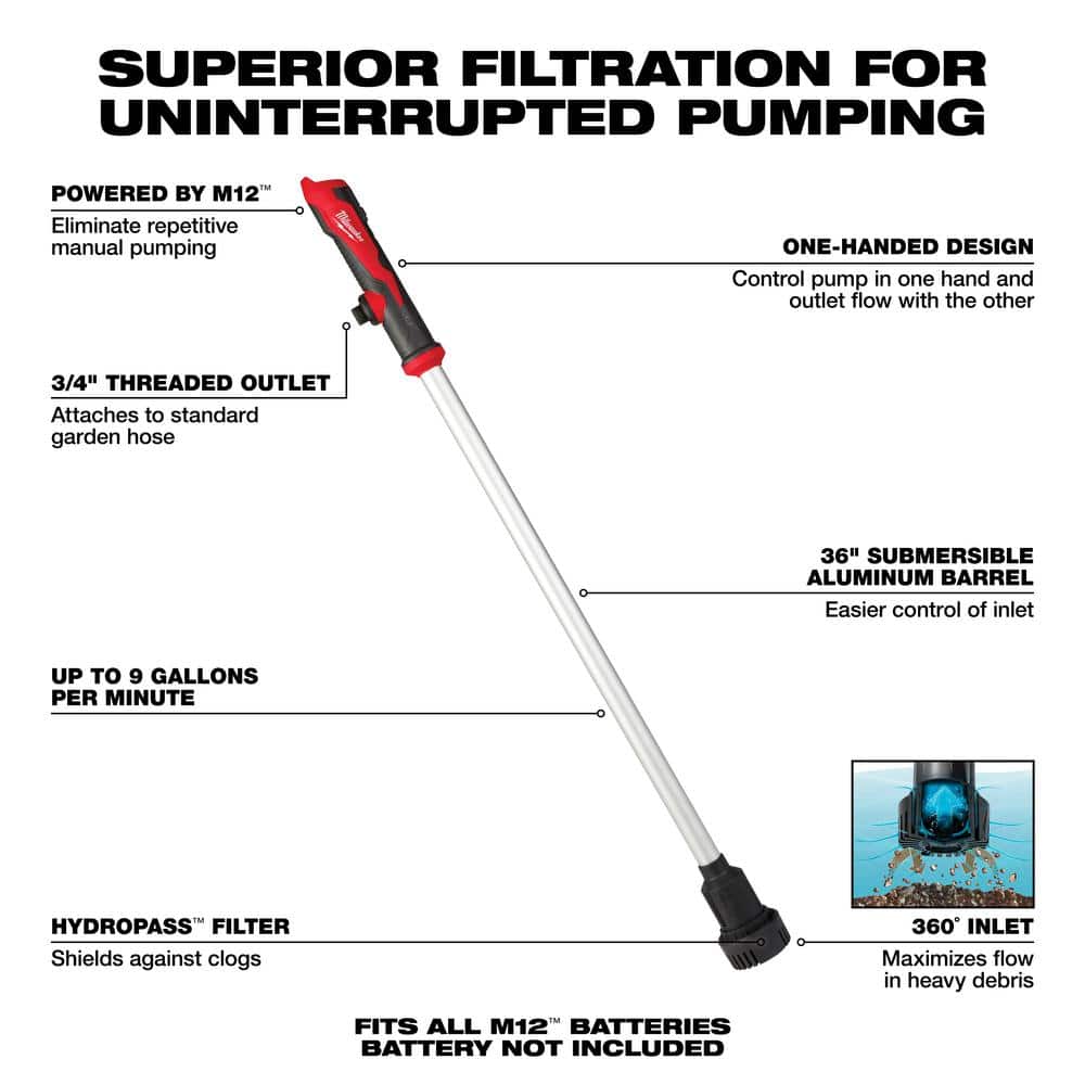 M12 12-Volt Lithium-Ion Cordless 9 GPM 0 HP Submersible Stick Water Transfer Pump w/M12 4.0Ah Batt and Charger